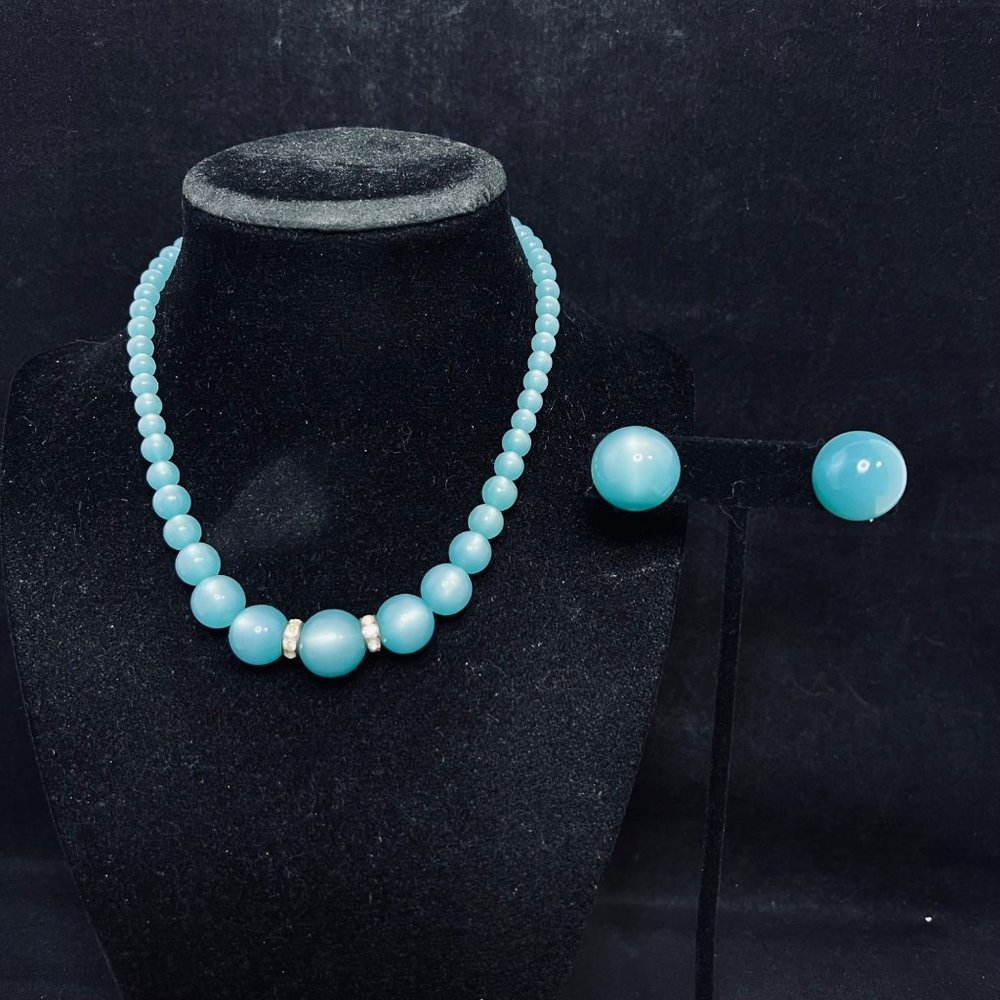 Blue Moonglow, Silver Tone And Rhinestone Necklace & Screw Back Earrings (4862)